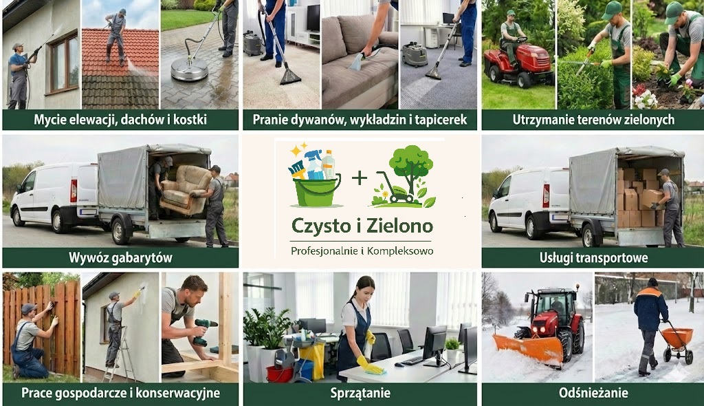 Kolaż usług: mycie elewacji, pranie dywanu, odśnieżanie, koszenie trawy, transport